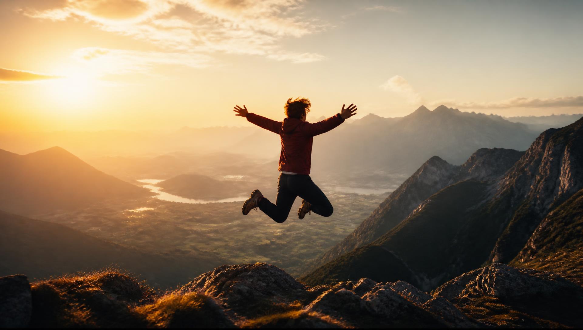 A person leaping joyfully mid-air in a dramatic mountain landscape